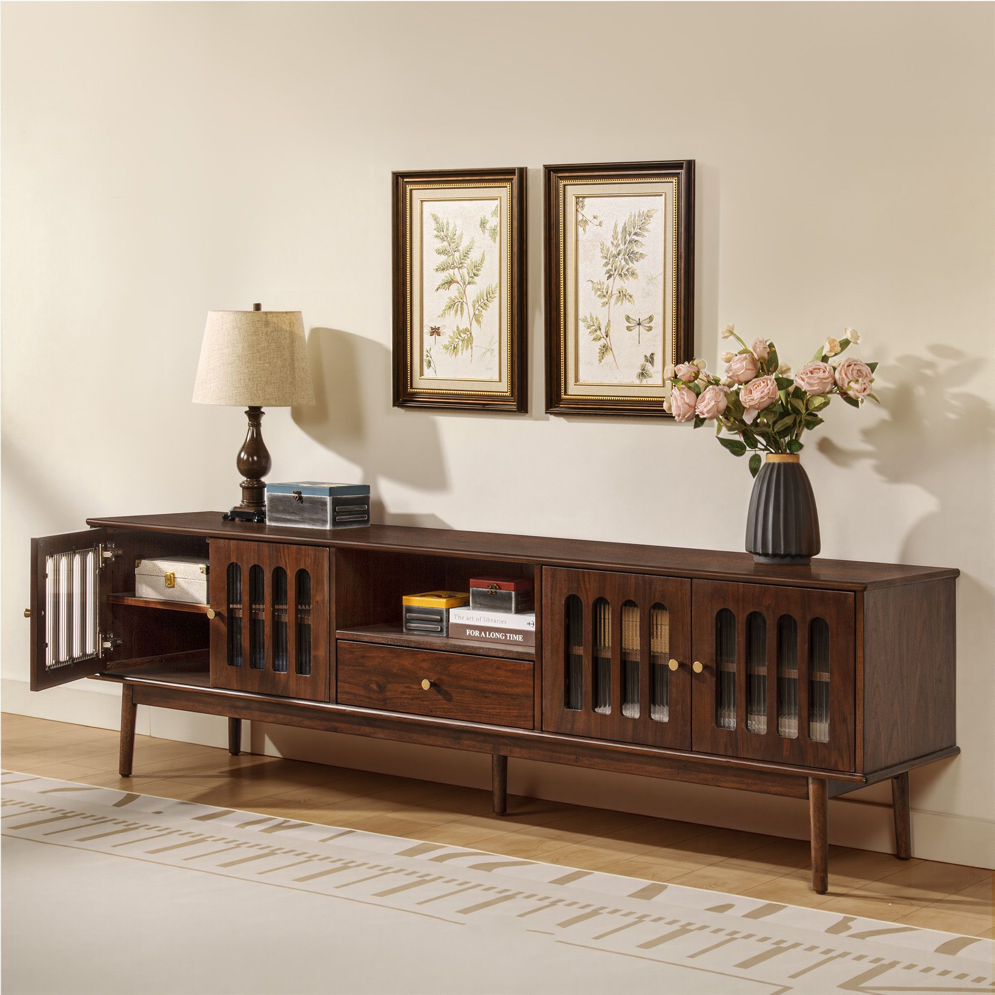 Aldric 84 inch Walnut Glass Door TV Stand | HERNEST