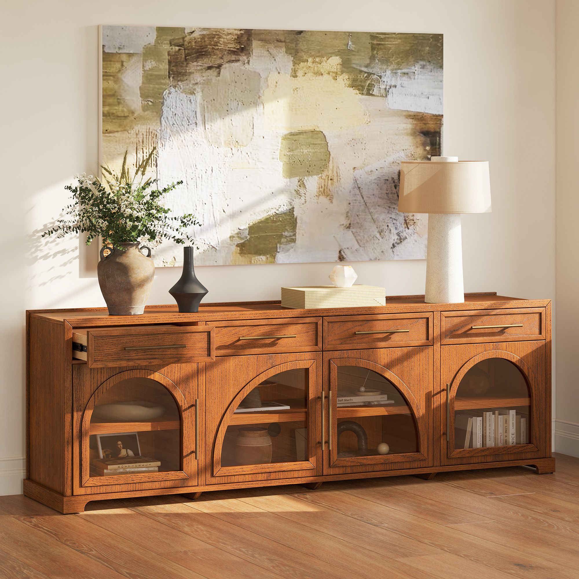 Jardine 84 inch Warm Brown Oak TV Stand with 4 Drawers