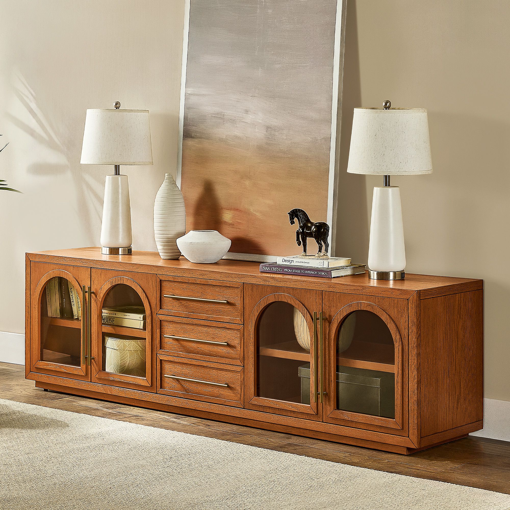 Lira 84 inch Warm Brown Solid Oak TV Stand | HERNEST
