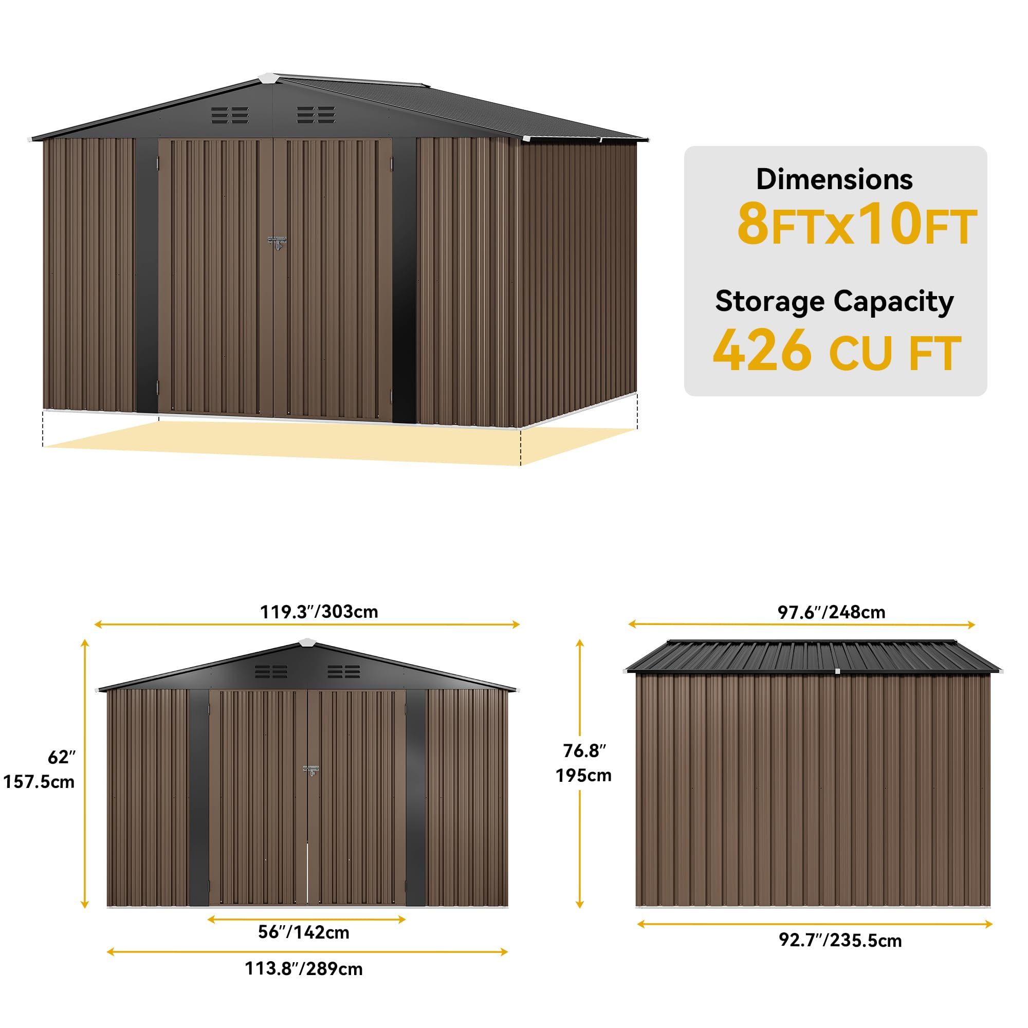 Yitahome | 10 x 8 ft Brown Outdoor Metal Motorbike Storage Tool