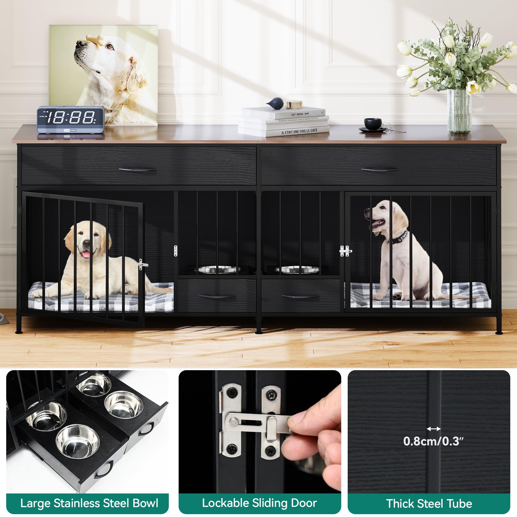 Double Dog Crate Furniture With Feeder Bowls, 74" Wooden TV