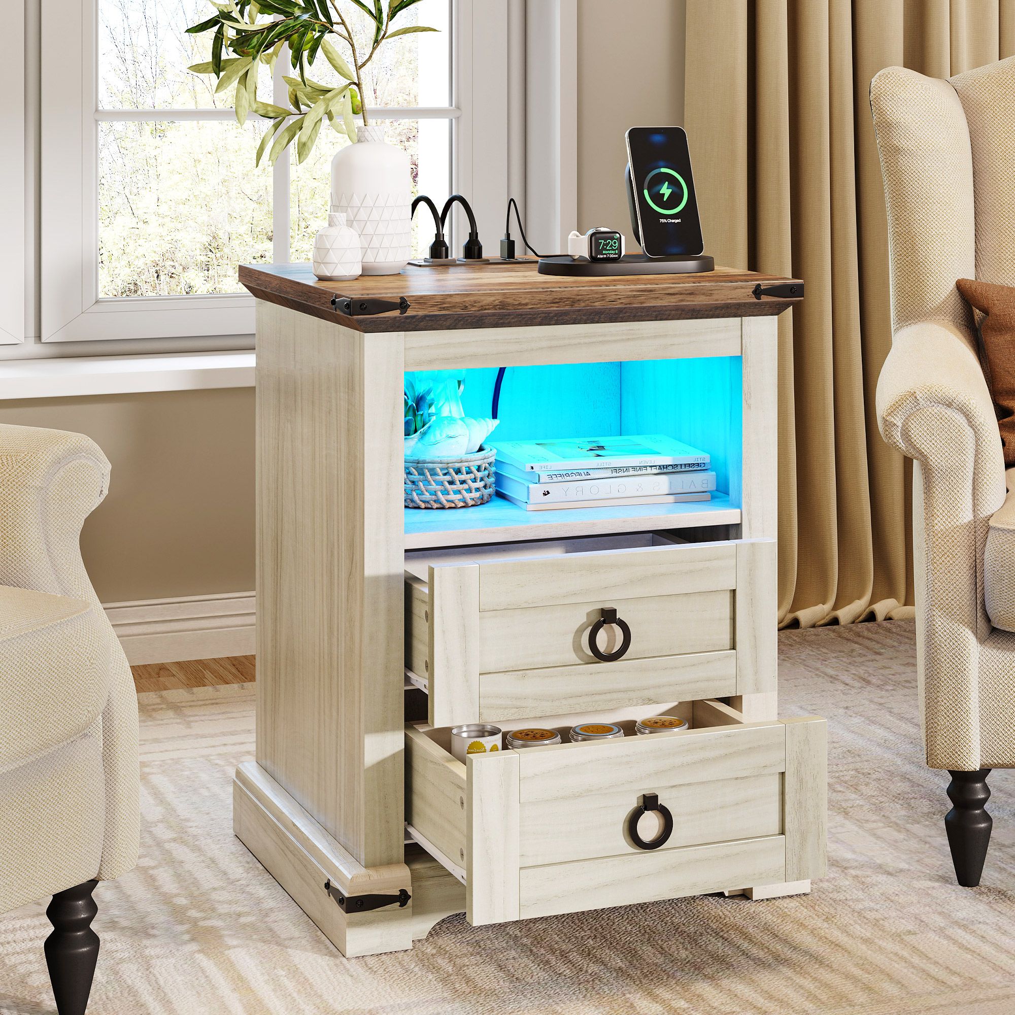 Yitahome | Farmhouse Nightstand with LED Lights and Charging