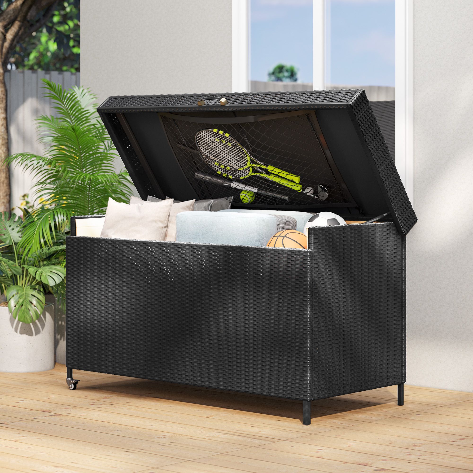 Furniture Outdoor Wicker Brown Rattan Cushion Storage Box 200 Gallon Black  Outdoor Waterproof Rattan Deck Box Yitahome