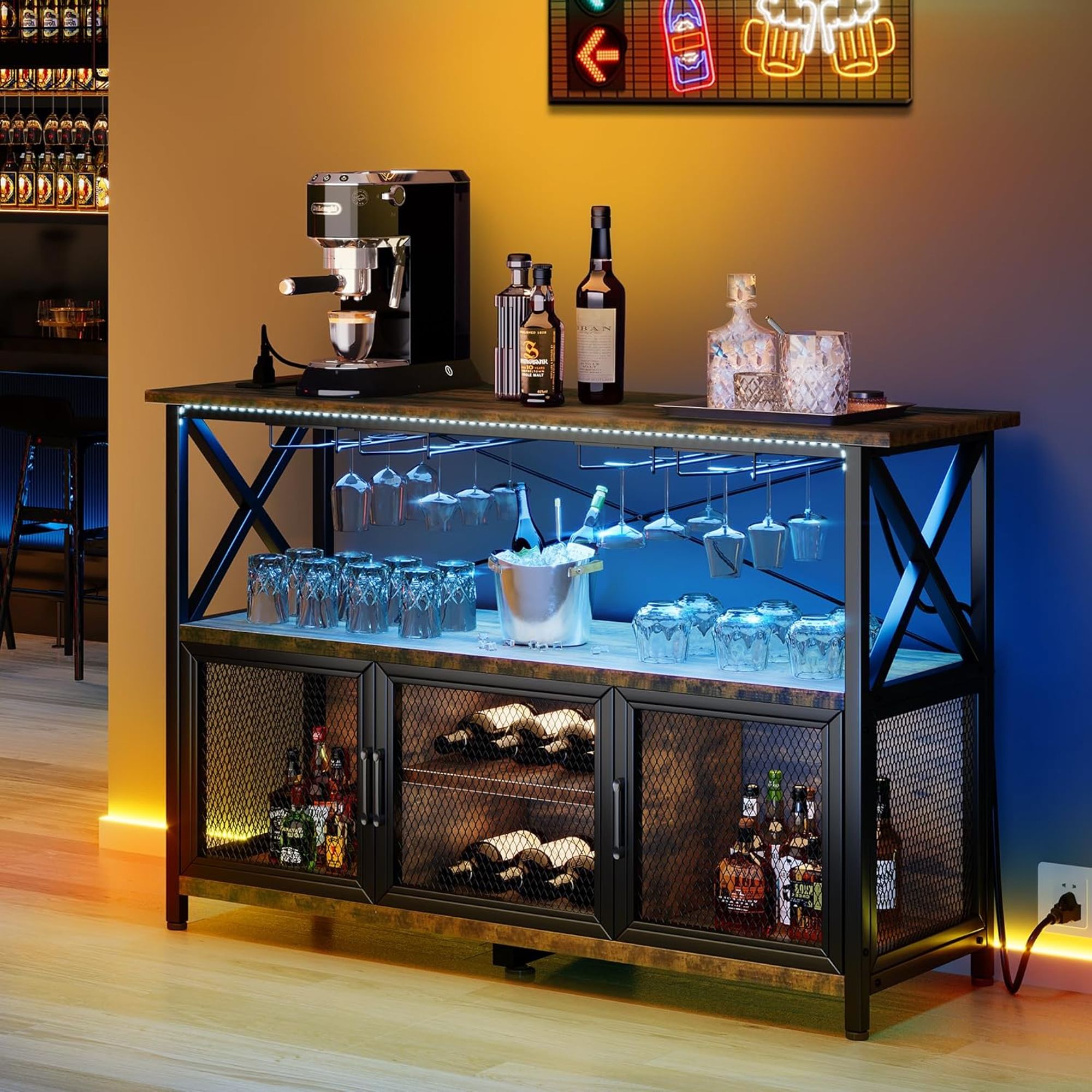 Home Bar Unit Wine Bar Cabinet With LED Lights - Adjustable Shelves ...