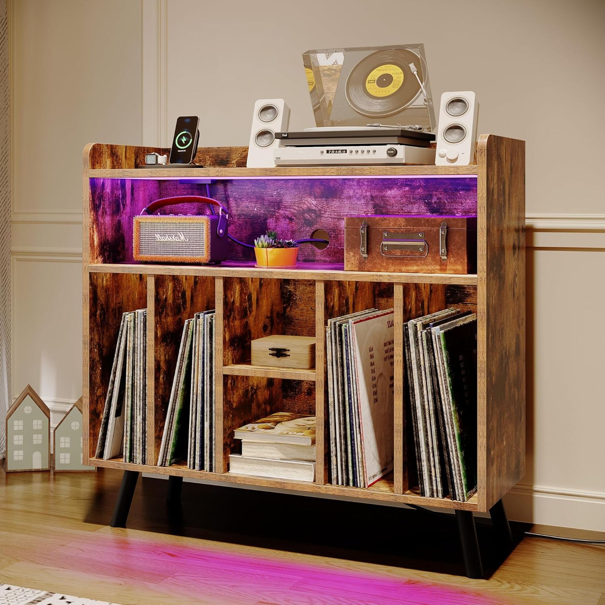 Tatub 67.7" Tall Record Player Stand With Vinyl Storage - Turntable Table With Display Shelves, Rustic Brown