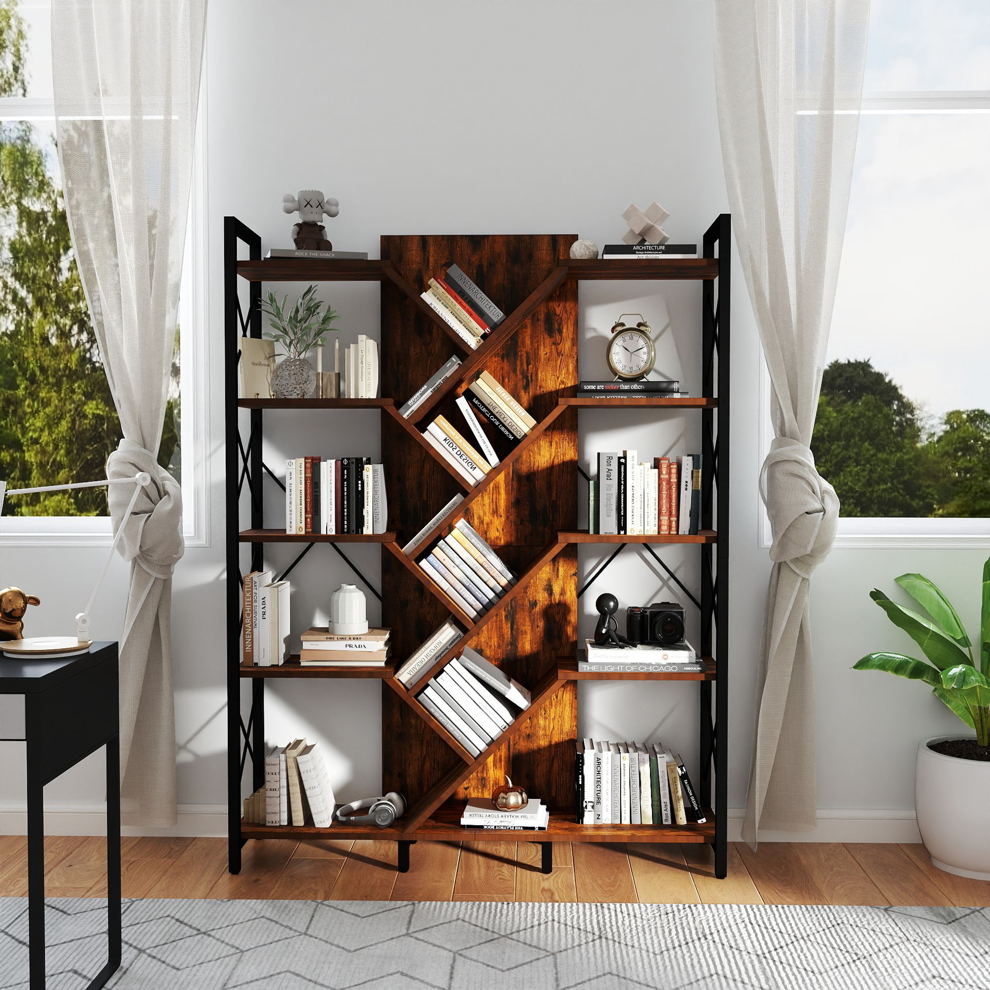 Yitahome | 5-Tier Tree Bookshelf with Side Open Storage and X-Braces