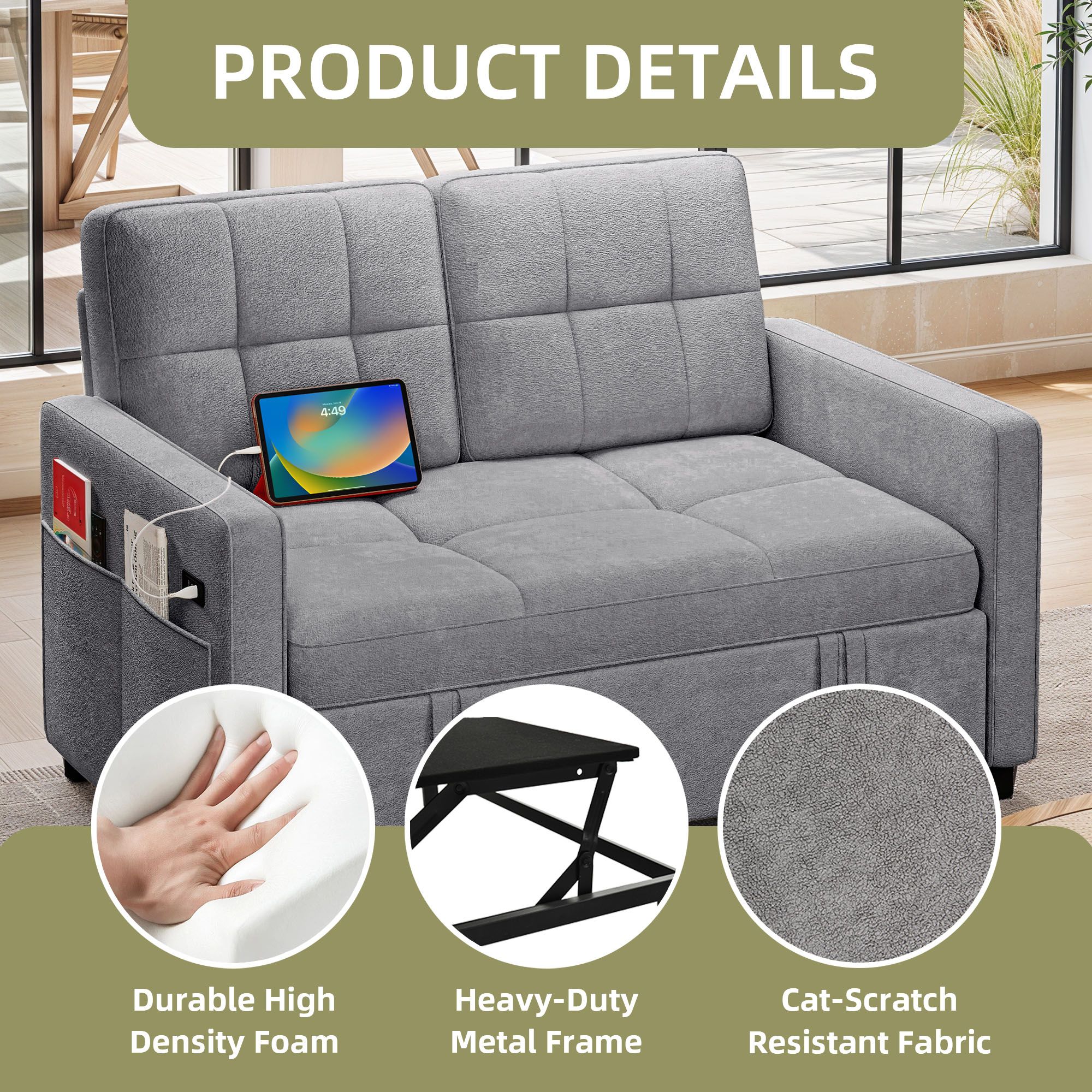ERYE 3-in-1 Convertible Loveseat Sofa Bed - Recliner & Pull-Out Sleeper For Small Spaces - View #14