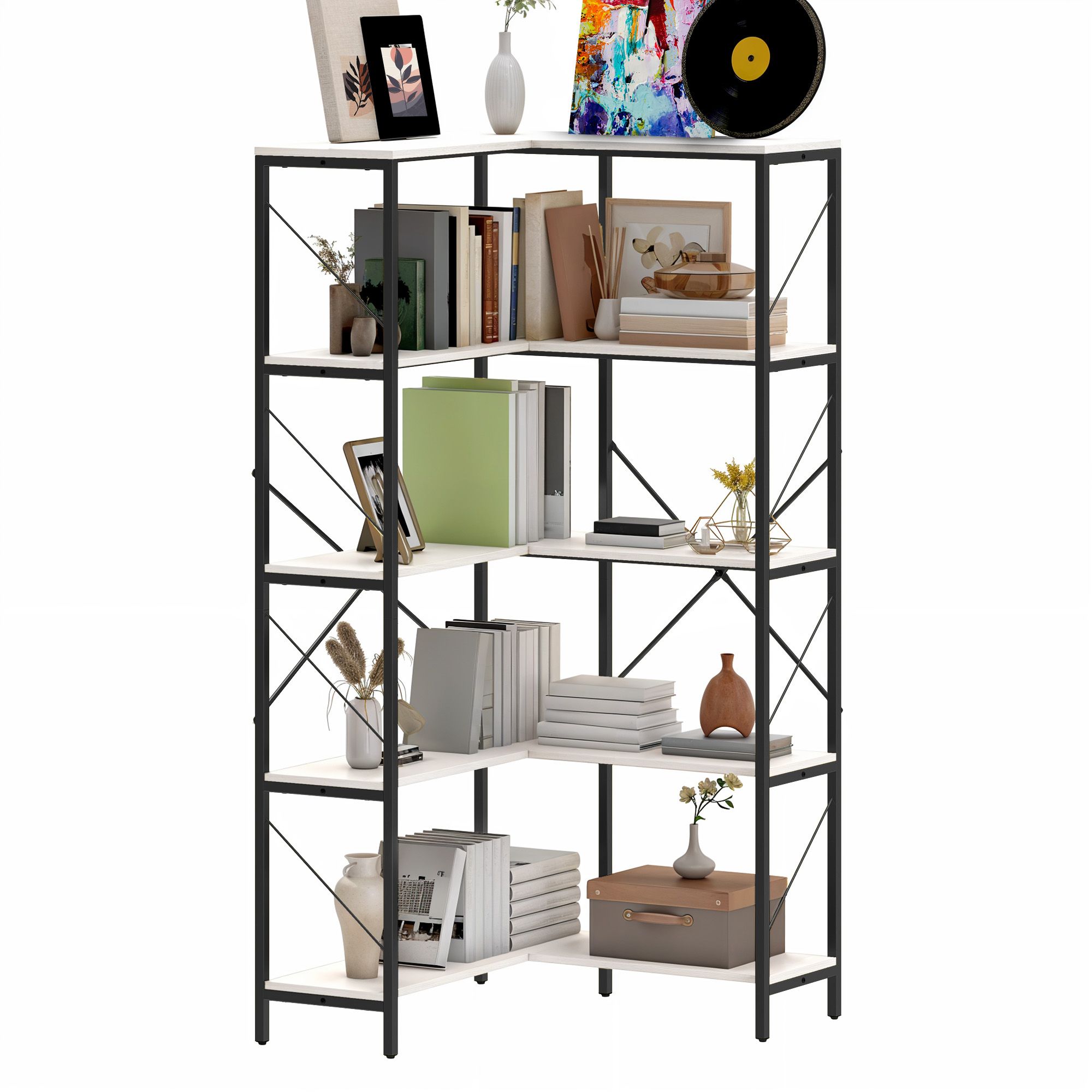 Uniheim 5-Tier Industrial Corner Bookshelf | Black Metal L-Shaped Storage Rack With Cross Braces For Home Office