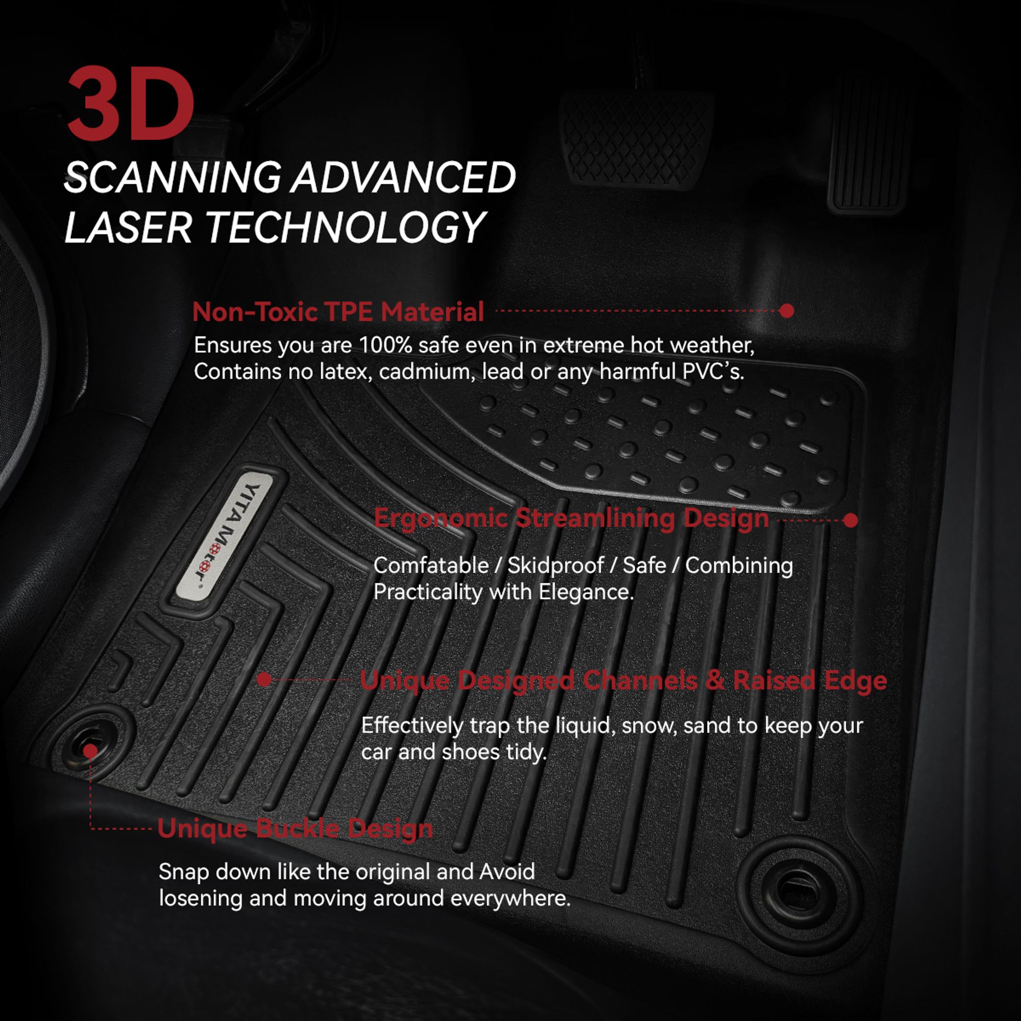 G-PLUS 3D Molded TPE Floor Mats For Honda Pilot 2016-2022 – All Weather, 3-Row Coverage