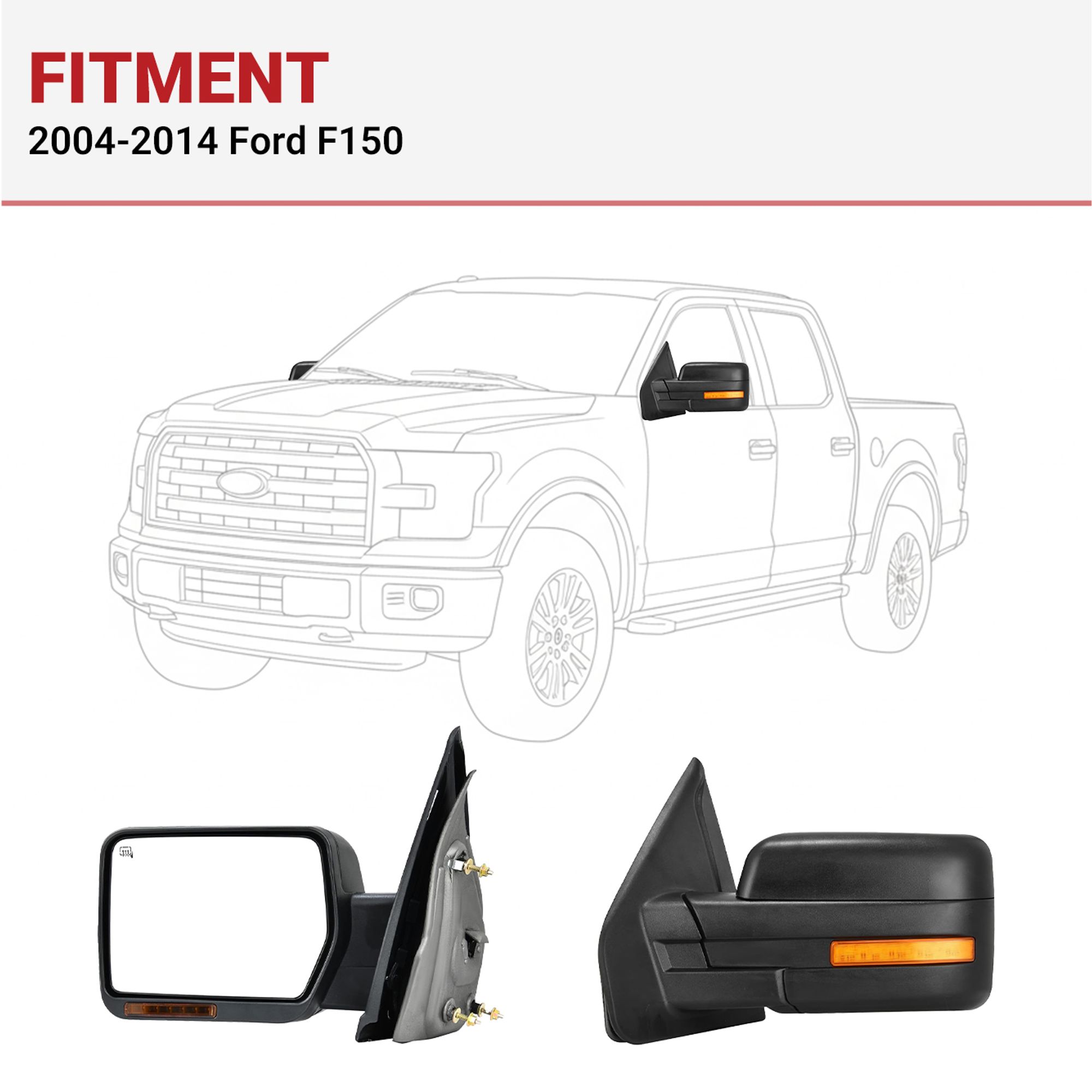 Pair Power Heated Side Tow Mirrors For Ford F-150 2004-2014 - Signal, Puddle Light, Black