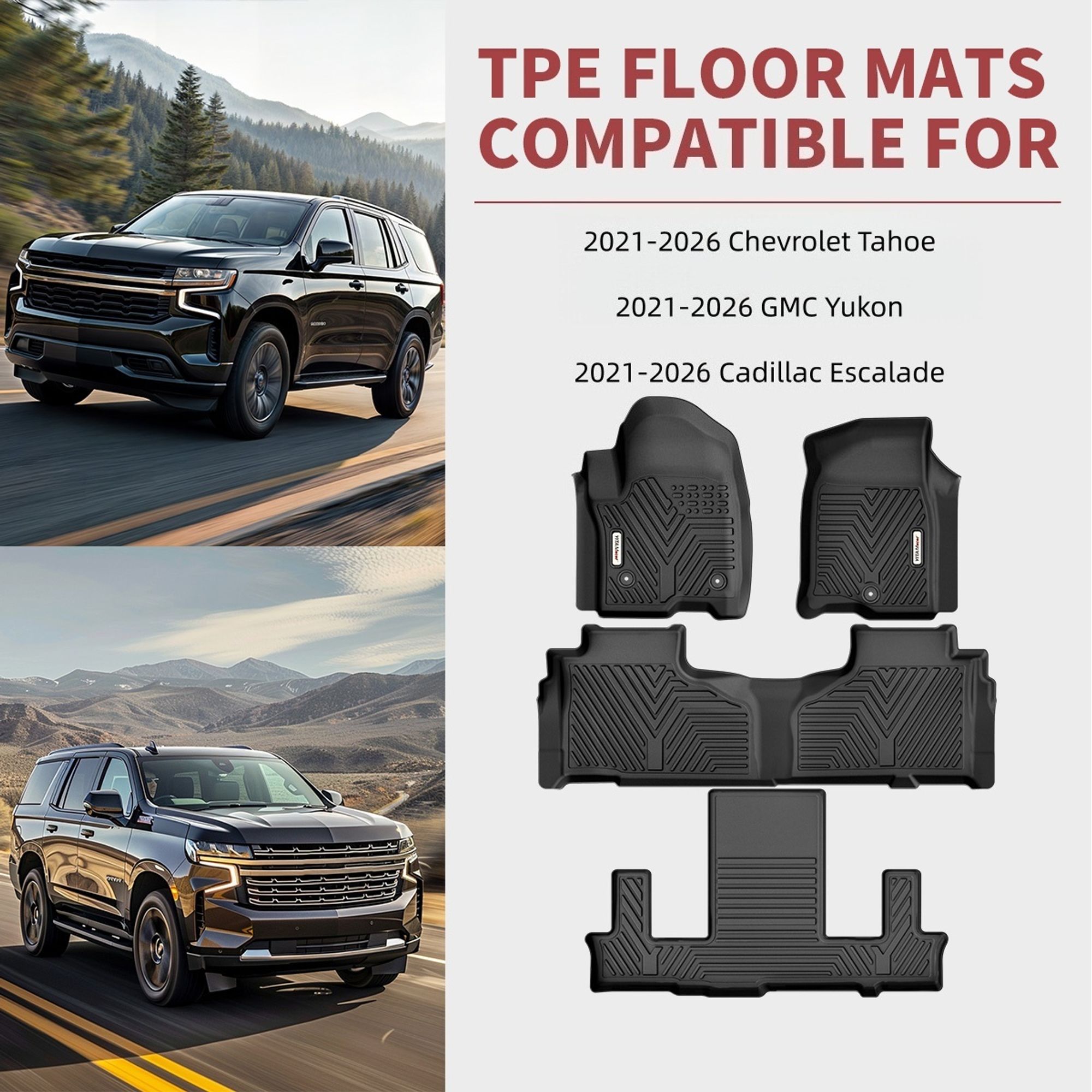 3D All-Weather TPE Floor Mats For 2015-2020 Chevy Tahoe / GMC Yukon (7 Seats) – Black, 4-Piece Set