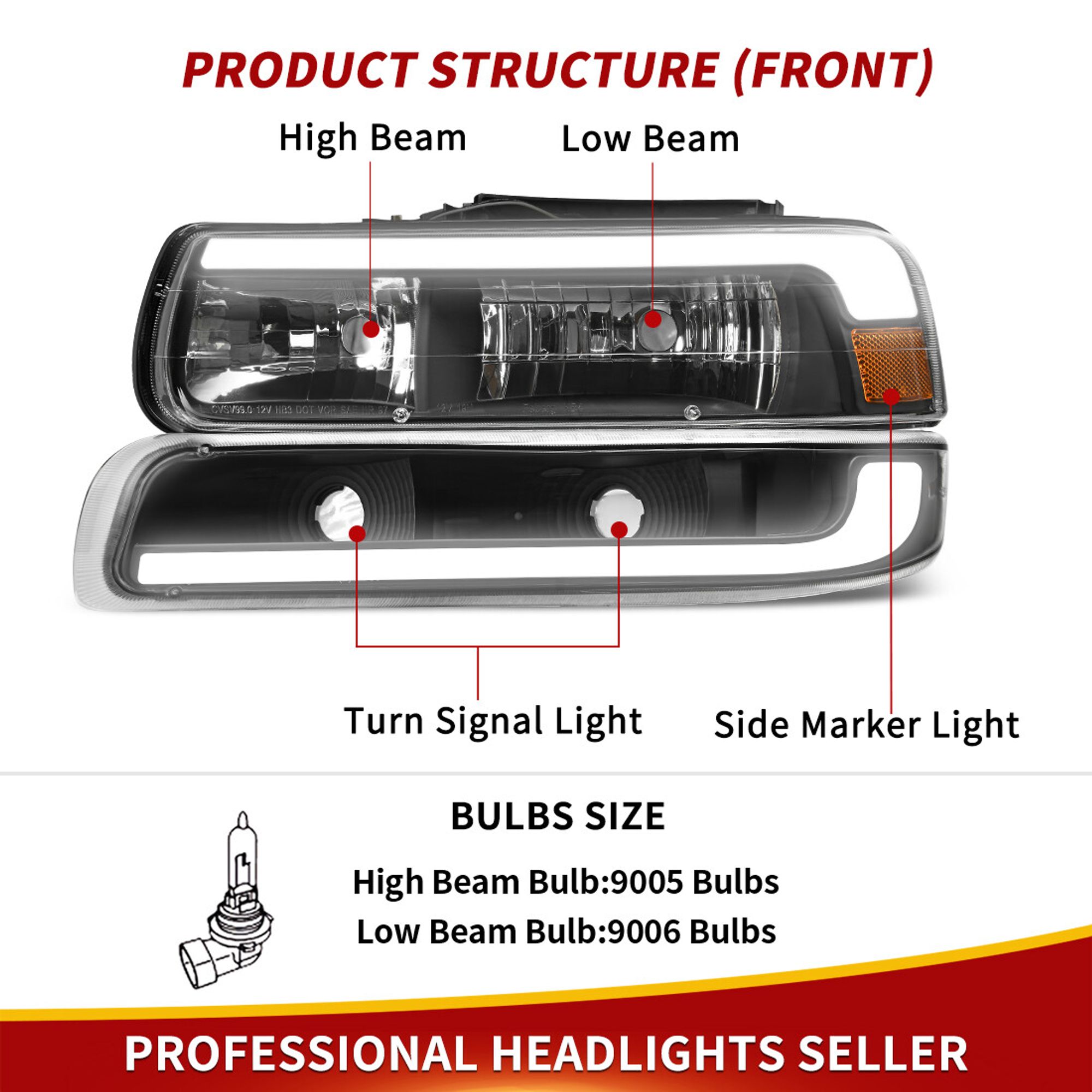 LED DRL Ft For 99-02 Chevy Slverado 1500 2500 HD Headlght+Bumper