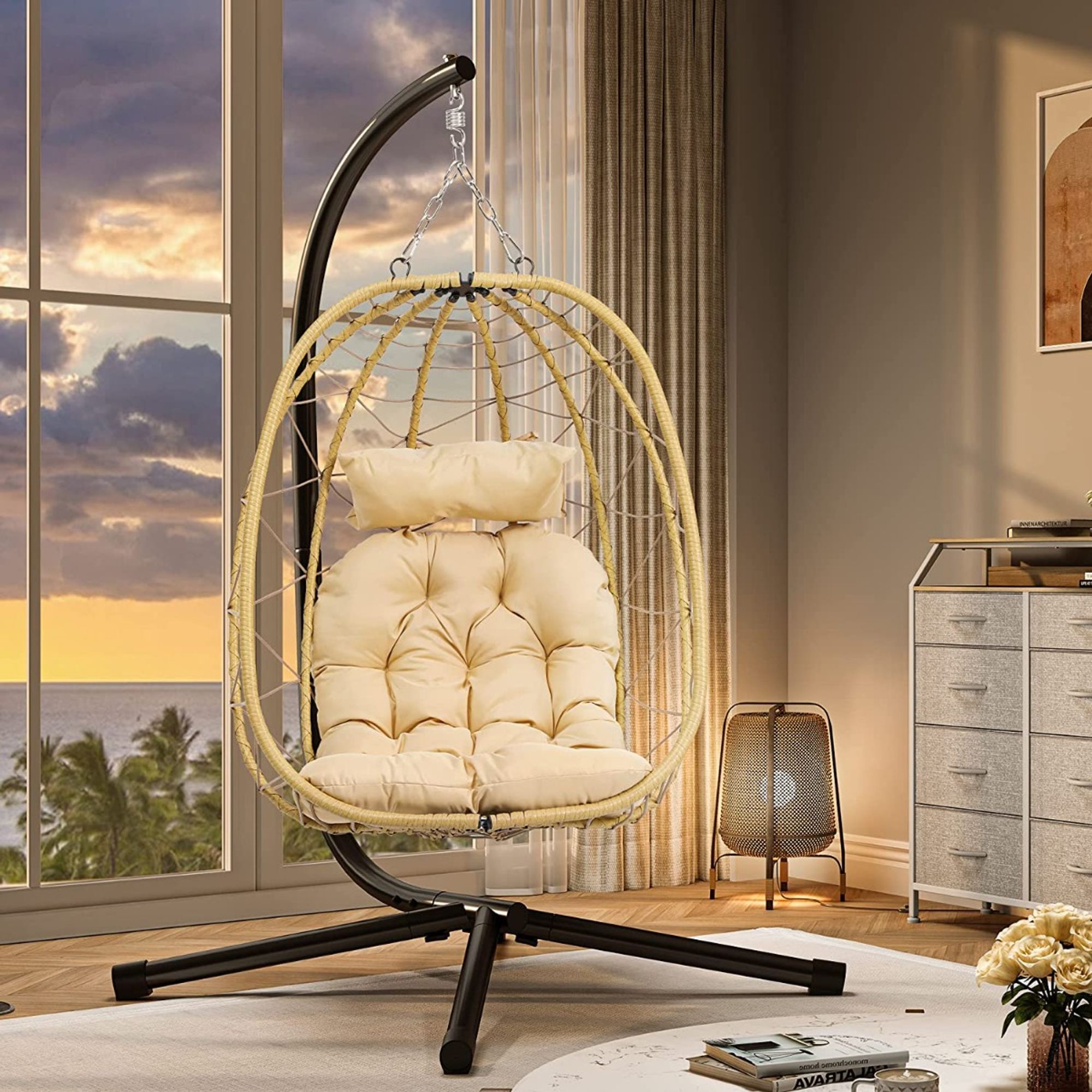 Living Room Indoor Hanging Chair Cheap Khaki Egg Swing Chair With  Stand,Hanging Egg Chair Indoor Outdoor