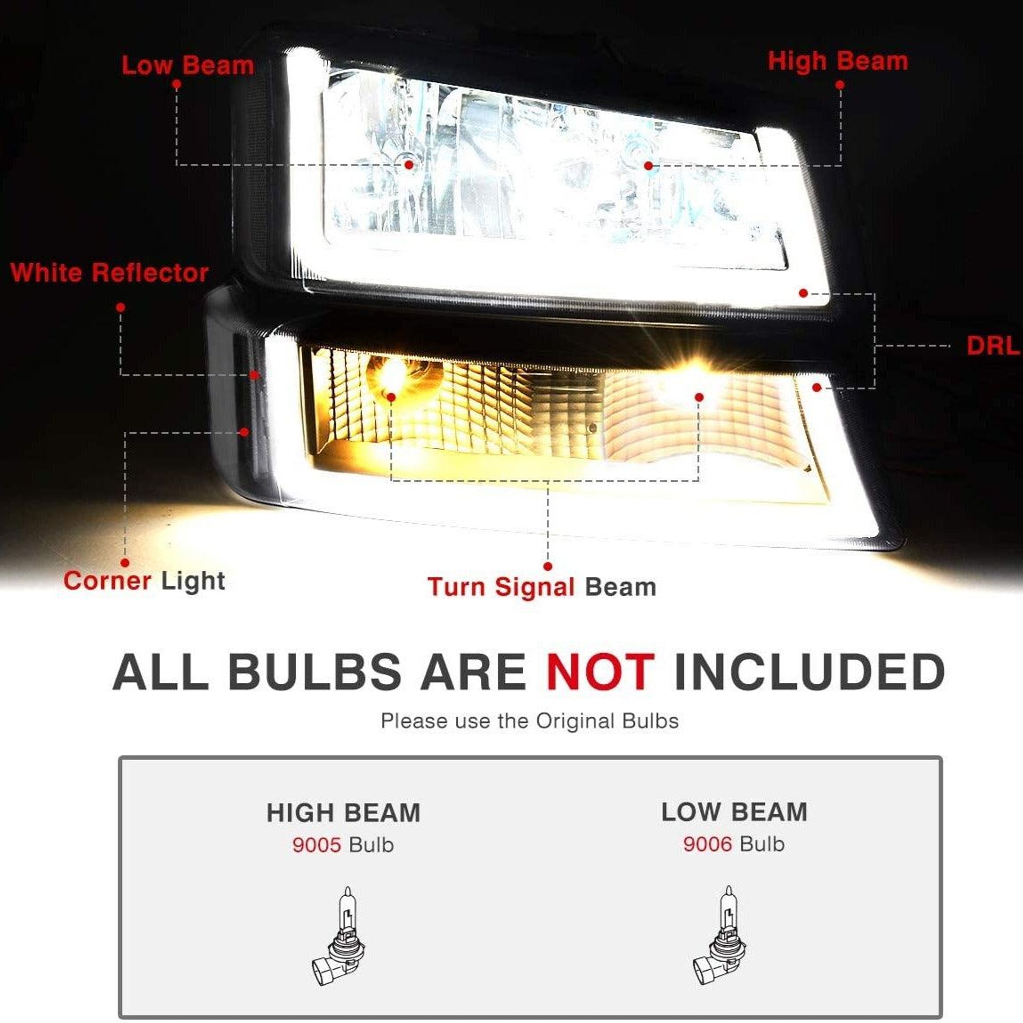 Smoked Headlights Fit Chevy Silverado & Avalanche 03-06 | Amber Corner Reflector | Driver & Passenger Side