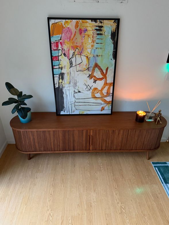 Valo 84 inch Black TV Stand with Solid Oak Tambour Door and