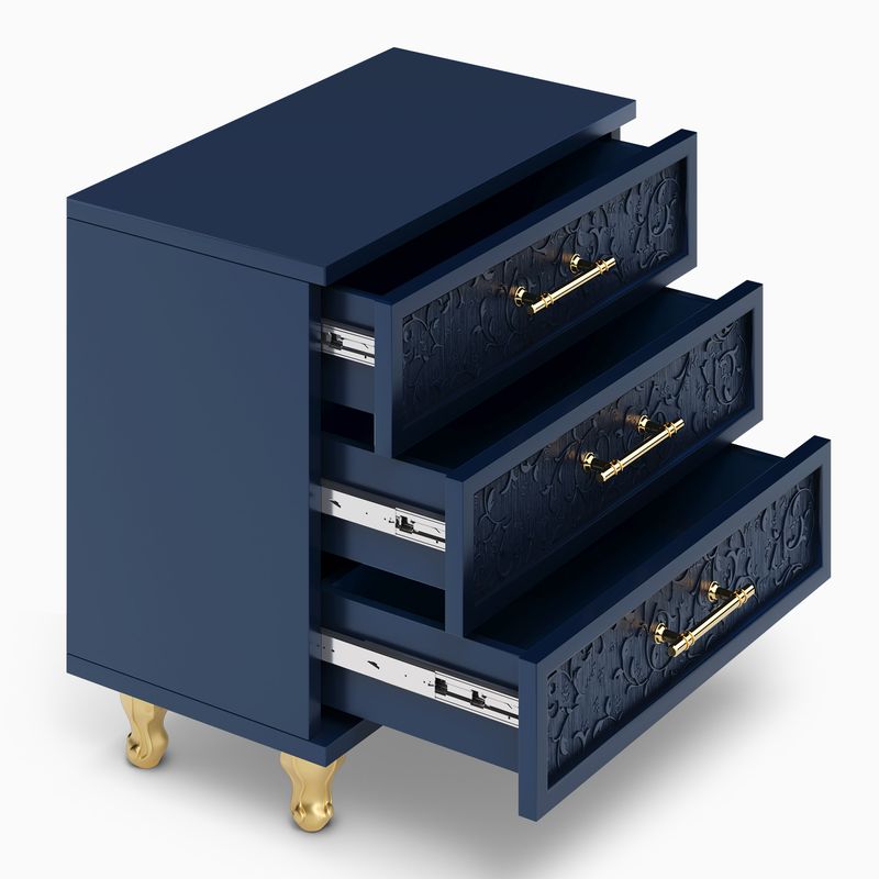 Heliossunlit 28 Inch French Court Style Navy Nightstand With 3 Embossed