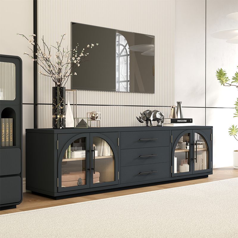 Hernest 70" Black TV Stand with Black Midcentury Arch Design and drawers