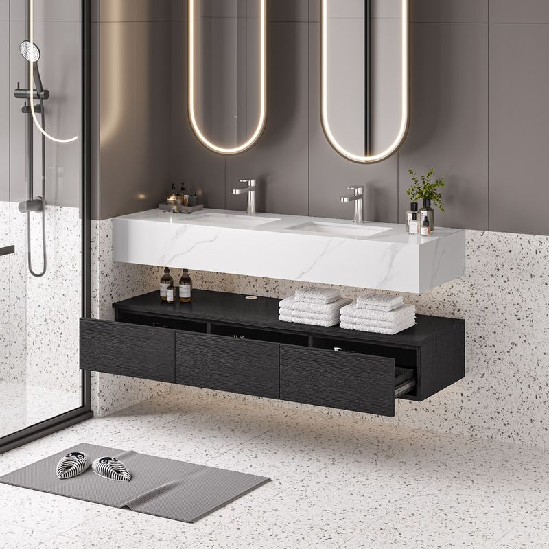 Milie 60 Inch Modern 2 Sink Sintered Stone Top Floating Bathroom Vanity ...