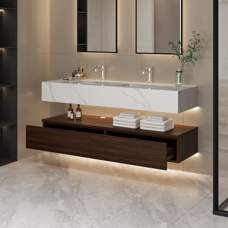 Hernest | 60 Inch Large Walnut Floating bathroom vanity with 2 marble ...