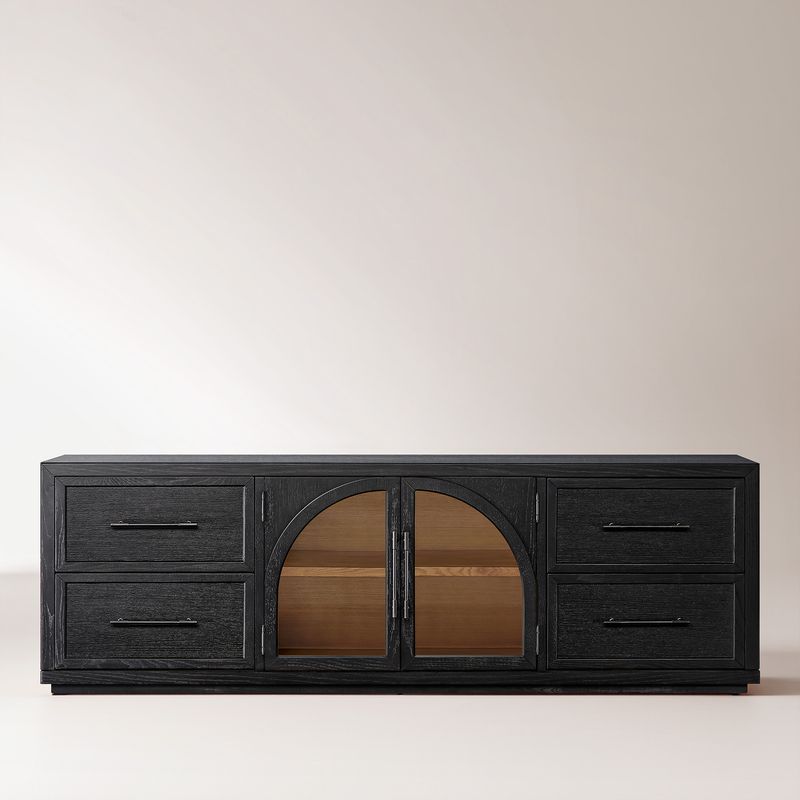 Valborg 80 inch Black Oak Arch Glass Door TV Stand | HERNEST