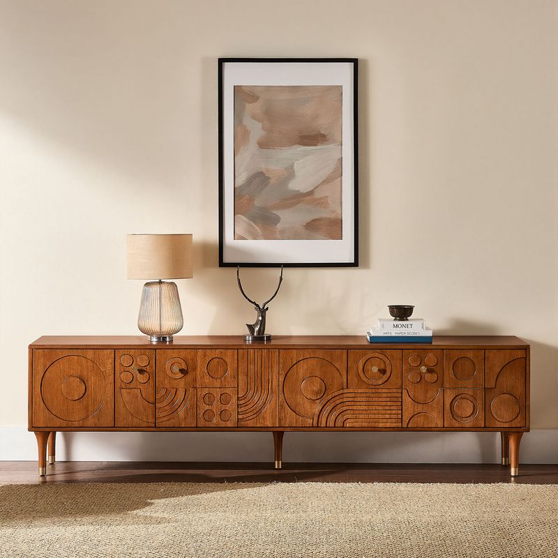 Valo 70 inch MCM Oval Tambour Door Solid Wood TV Stand | HERNEST