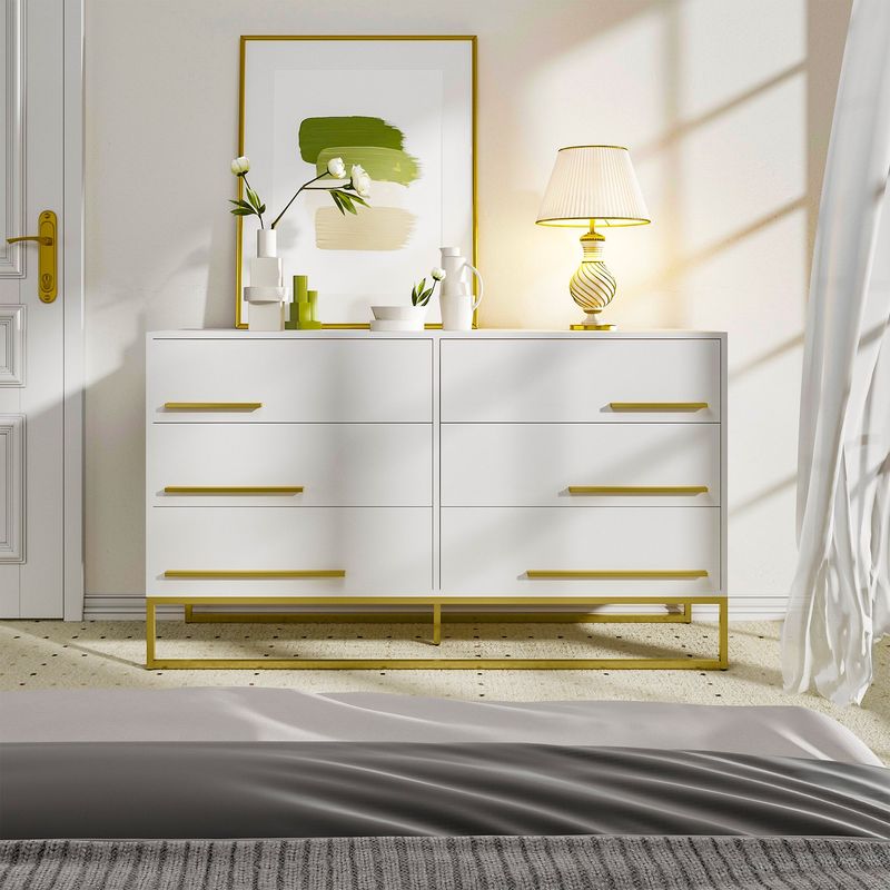 Odette 55 Inch Modern 6 Drawer Double Dresser With Metal Bases
