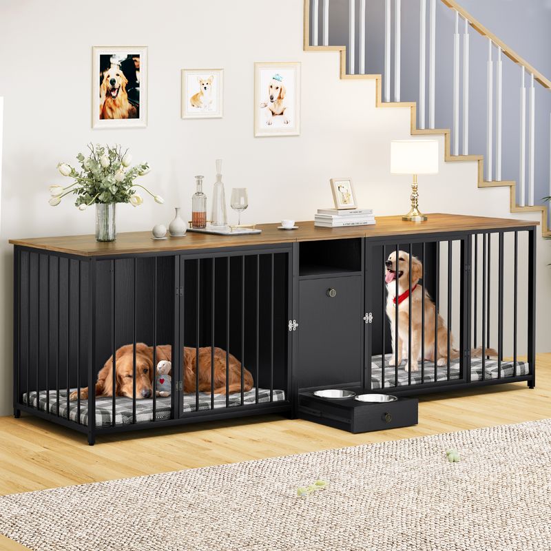 Mid-Century Large Dog Crate Room Divider Design Wooden Dog House TV Stand with Feeder Bowls and Drawer, Black