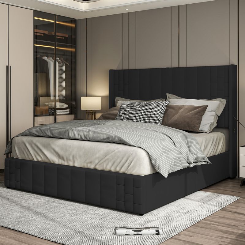thumbnail image 2 of King Size Upholstered Bed Frame With Wingback Headboard - USB/Type-C Charging, LED Lights, No Box Spring Needed 2 of 14
