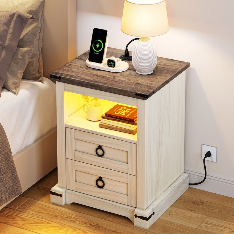 Farmhouse Nightstand with LED Lights and Charging Station, Walnut