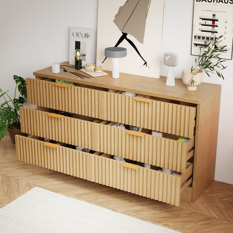 Side view of the wavy modern 6 drawer dresser