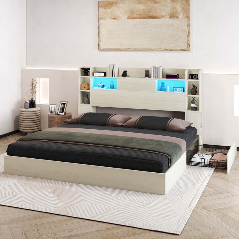 white bed frame with storage and headboard