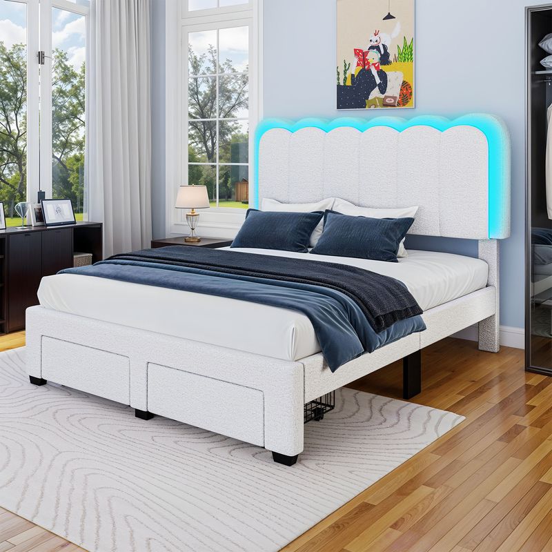 queen boucle bed frame, white boucle queen bed frame​, queen size bed frame with led lights, beige queen bed frame with storage