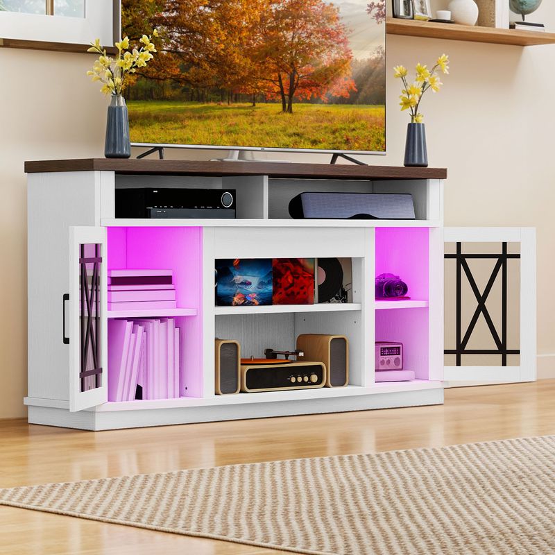 white tv stand with glass doors