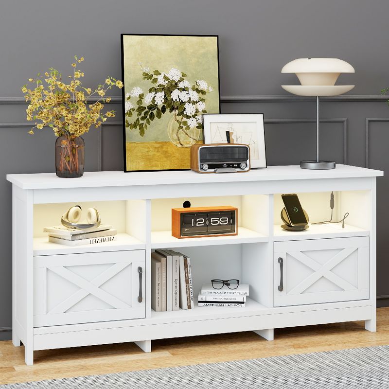 tv stand with open shelves, tv stand with storage, farmhouse tv stand​, tv stand with adjustable shelves, white tv stand​,  white cabinet tv stand, tv stand for 65 inch tv
