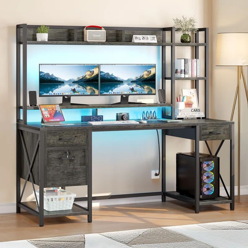 office desk with cabinet, computer desk with led lights, large computer desk, corner desk with power outlets, computer desk with monitor stand, computer desk in gray, computer desk, gaming desk, office desk, 
gaming desk with LED lights, office desk with charging station, computer desk with USB ports, RGB desk with storage, multifunctional workstation, desk with built-in power outlets, ergonomic gaming desk, desk with monitor stand