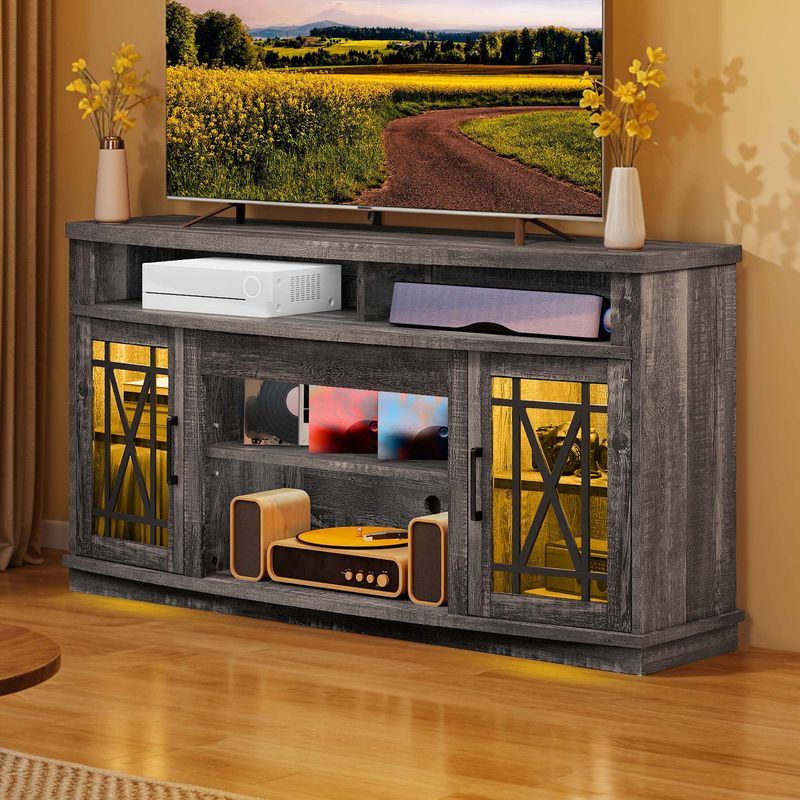 tv stand with glass doors, 60 inch tv stand with glass doors, mid century tv stand, dark oak tv stand, mid century modern tv stand with storage