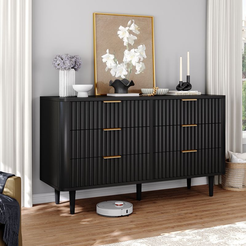 Side view of the mid-century wavy dresser with 6 drawers,