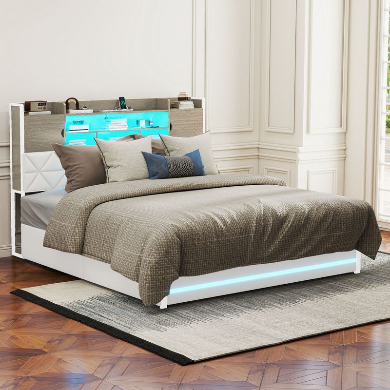 white queen bed frame, white bed frame​, queen bed frame with storage​, upholstered bed frame with storage, pu leather queen bed frame, upholstered bed frame​, queen size bed frame