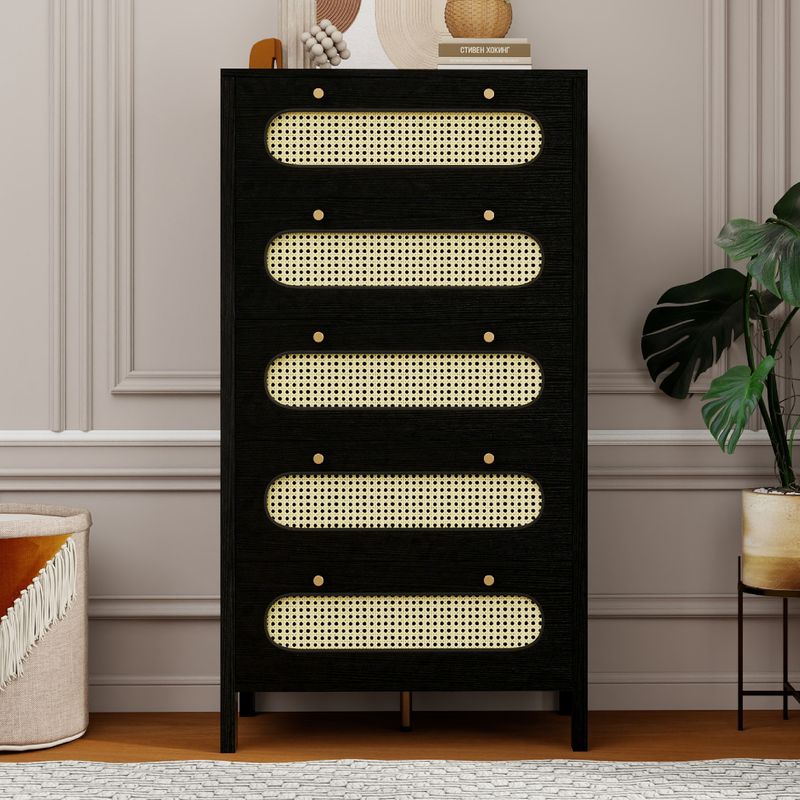 Front view of the black 5 drawer dresser​