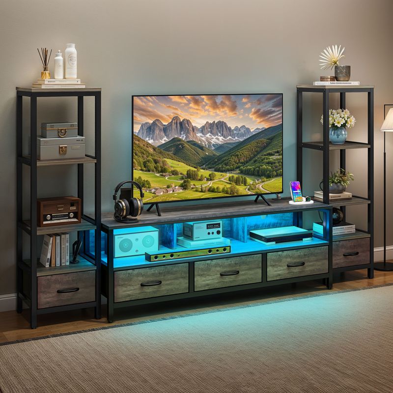 tv stand with bookshelves​, tv stand with bookshelves on each side​, grey tv stand, grey wood tv stand, modern grey tv stand​, grey tv stand for 65 inch tv