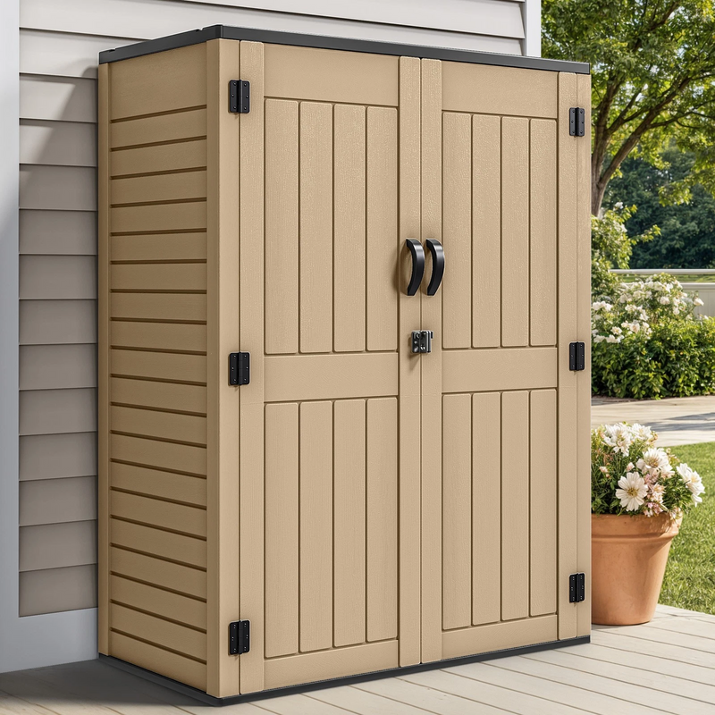 Durable outdoor resin storage shed with double doors
