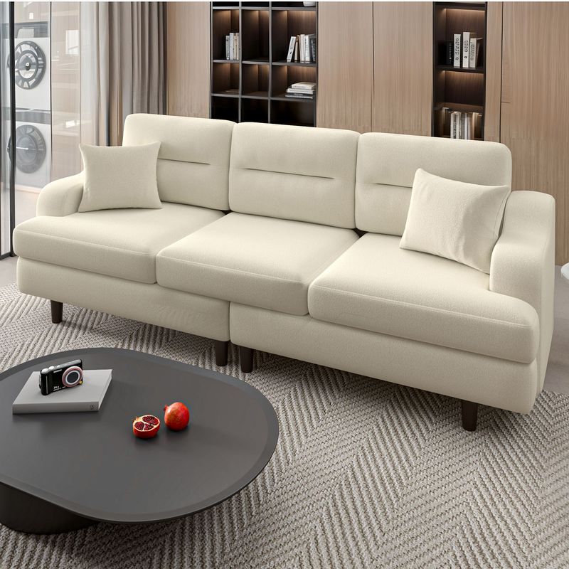 3 seat white sofa, modern living room sofa, coral fleece sofa, 89 inch sofa, irregular armrest sofa, high density foam sofa, contemporary sofa with pillows, ready to assemble sofa, apartment size sofa