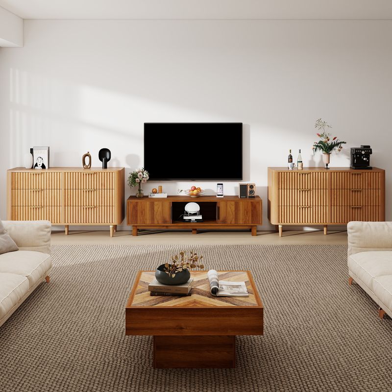 TV stand and two storage cabinets next to it