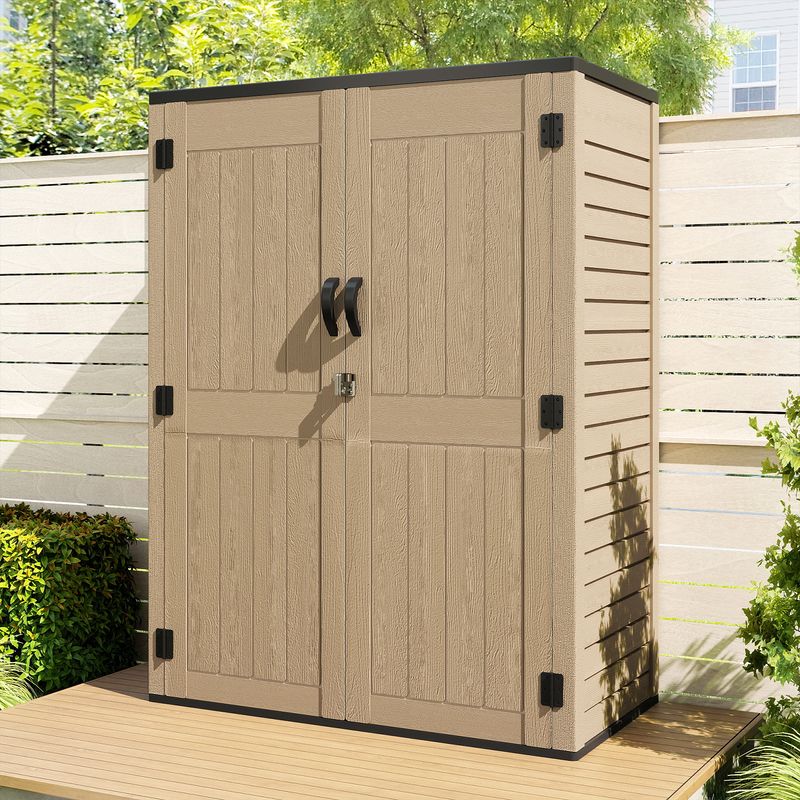 Side view of outdoor resin storages shed