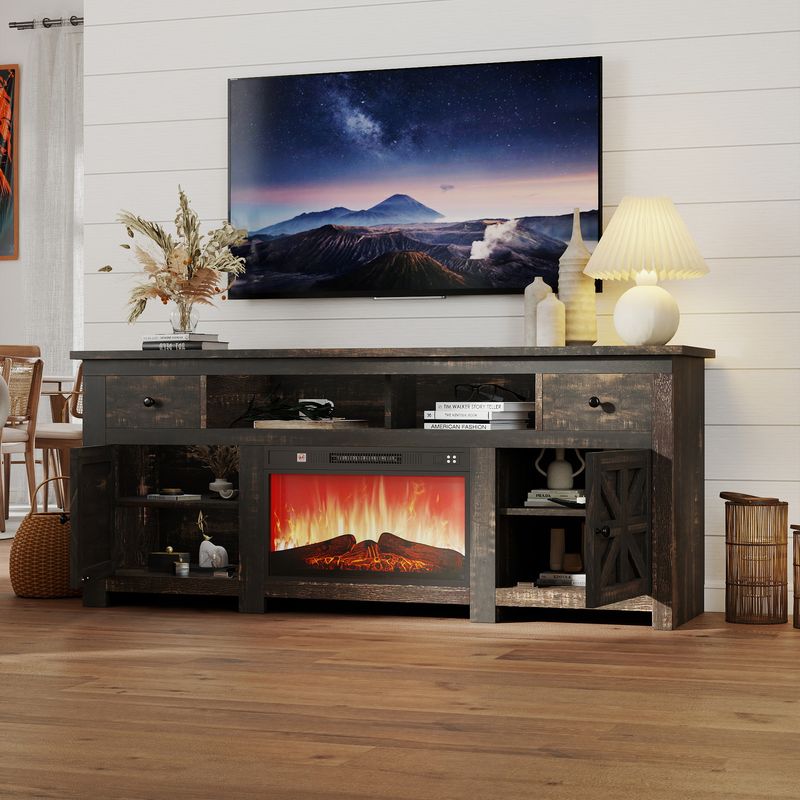 Side view of the tv stand with fireplace with door open