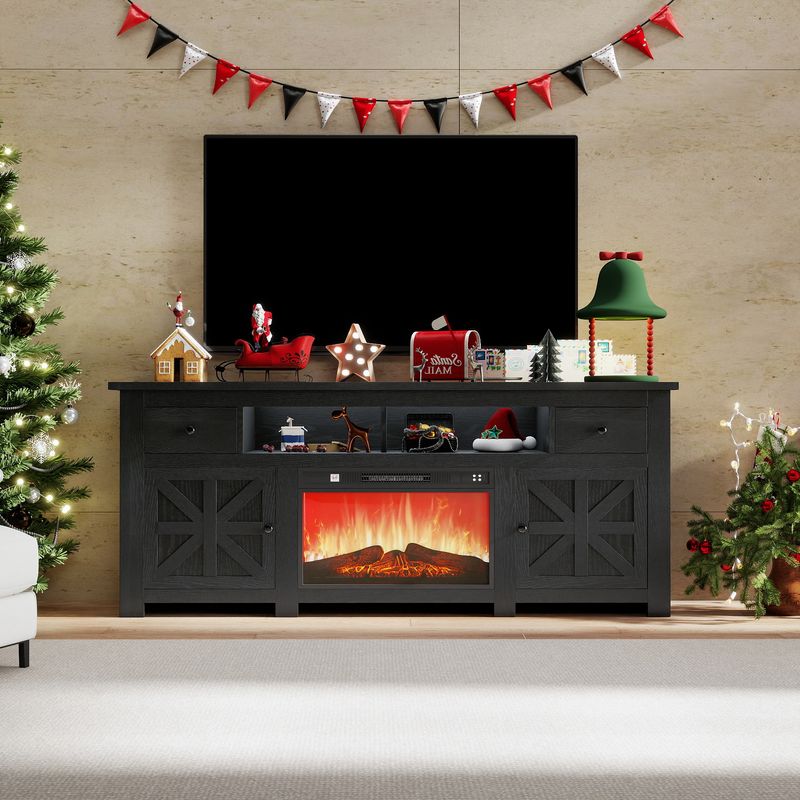 Front view of the black fireplace tv stand