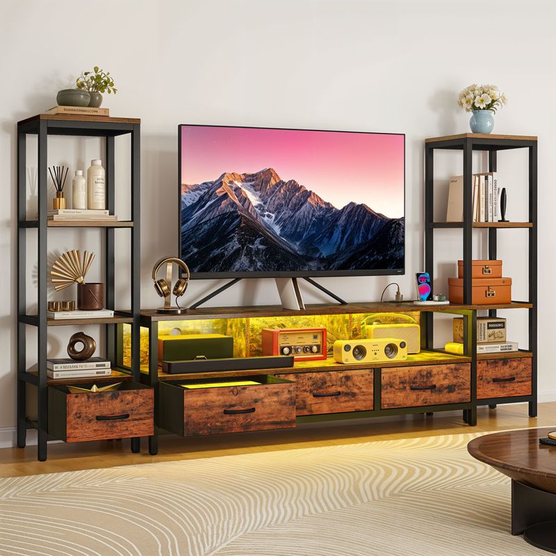 rustic brown tv stand, brown tv stand, brown wood tv stand, brown tv stand for 65 inch tv, brown tv stand with storage​, tv stand with bookshelves​, tv stand with bookshelves on each side​