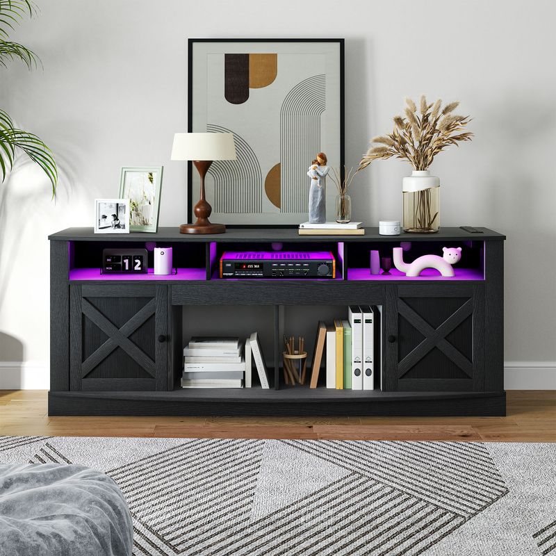 black tv stand with barn doors, black tv stand, black tv stand with cabinets, tv stand for 80 inch tv, black farmhouse tv stand