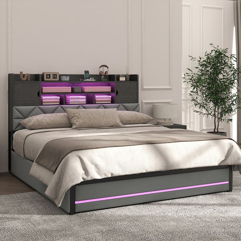 grey upholstered bed frame, queen bed frame with storage​, upholstered bed frame with storage, pu leather queen bed frame, upholstered bed frame​, queen size bed frame, grey bed frame, grey queen size bed frame
