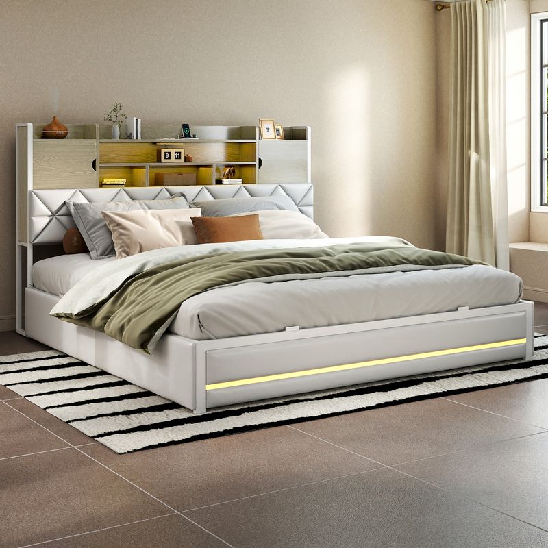 white bed frame, white queen bed frame, queen bed frame with storage​, upholstered bed frame with storage, pu leather queen bed frame, upholstered bed frame​, queen size bed frame
